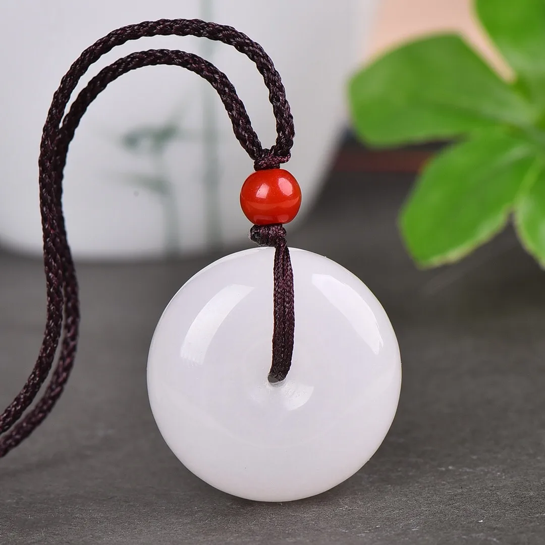 

25mm Natural White Jade Donut Pendant Necklace Men Women Genuine Hetian Jades Nephrite Round Safety Buckle Lucky Charms Amulets
