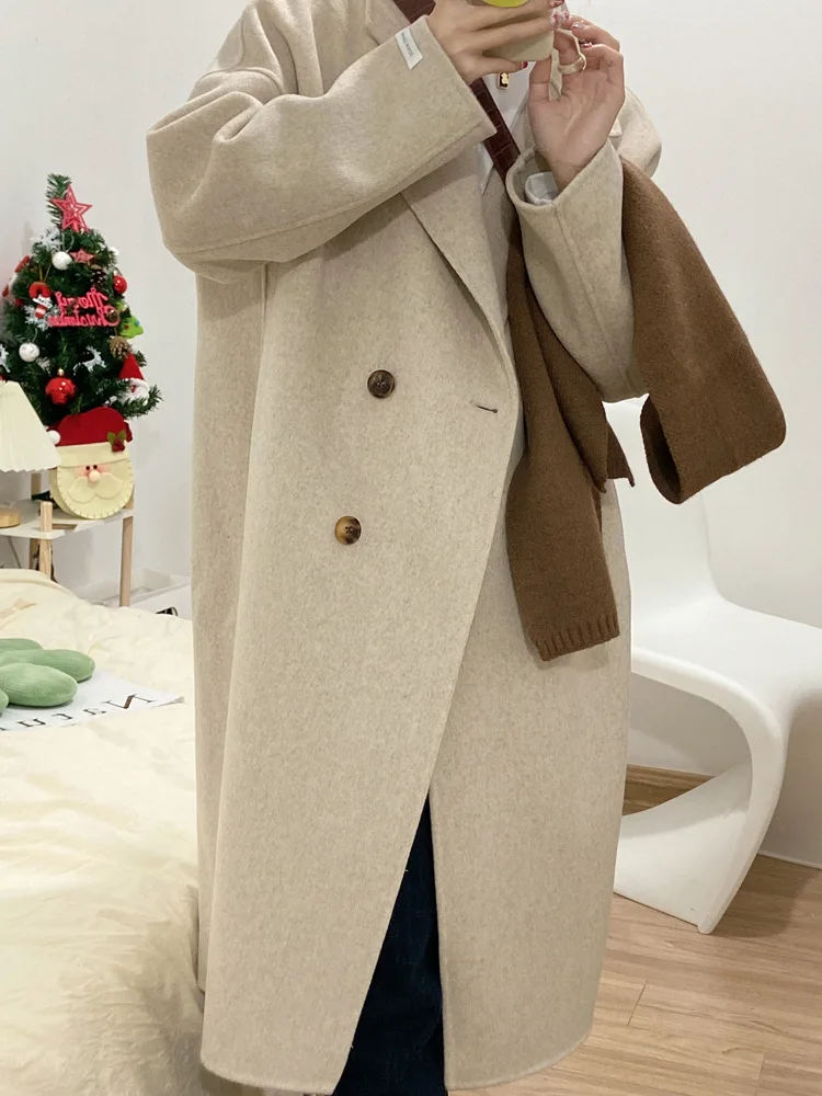 

Женское двустороннее кашемировое пальто средней длины, свободное бежевое шерстяное пальто с диагональными карманами, новинка зимы 2023
