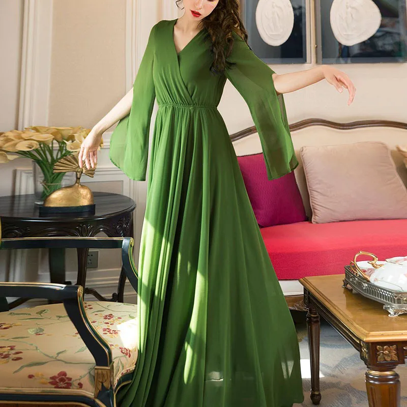 Винтажное Зеленое Шифоновое Платье макси летнее женское платье 2024 повседневные