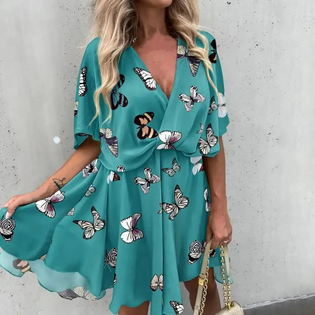 

summer dress Mini Dress V-Neck Party Dress Summer Casual Waist Tight Feather Print Mini Dress