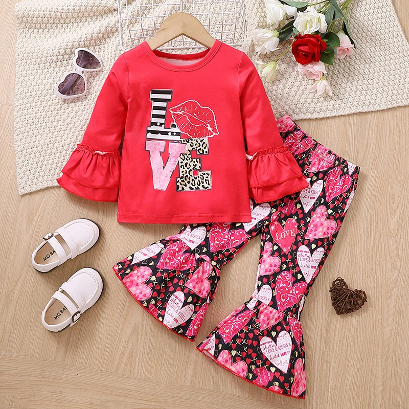 

2023 Toddler Girl Valentine's Day Autumn Clothes Ruffled Crew Letter Print Pullover Heart Print Flare Trousers Children's Sets
