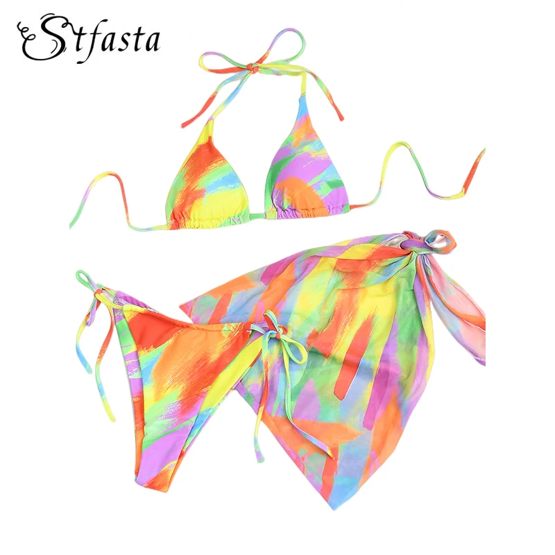 

Бикини и юбка STFASTA, комплект из трех предметов, сексуальный купальник с принтом и низкой талией, женский купальник с открытой спиной, Новинка...