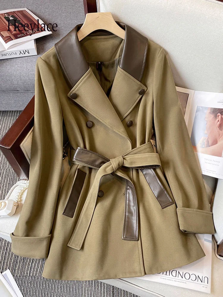 

Женский офисный Тренч, элегантная ветровка с отложным воротником и V-образным вырезом, кожаная куртка в стиле пэчворк, одежда 4XL для осени и зимы