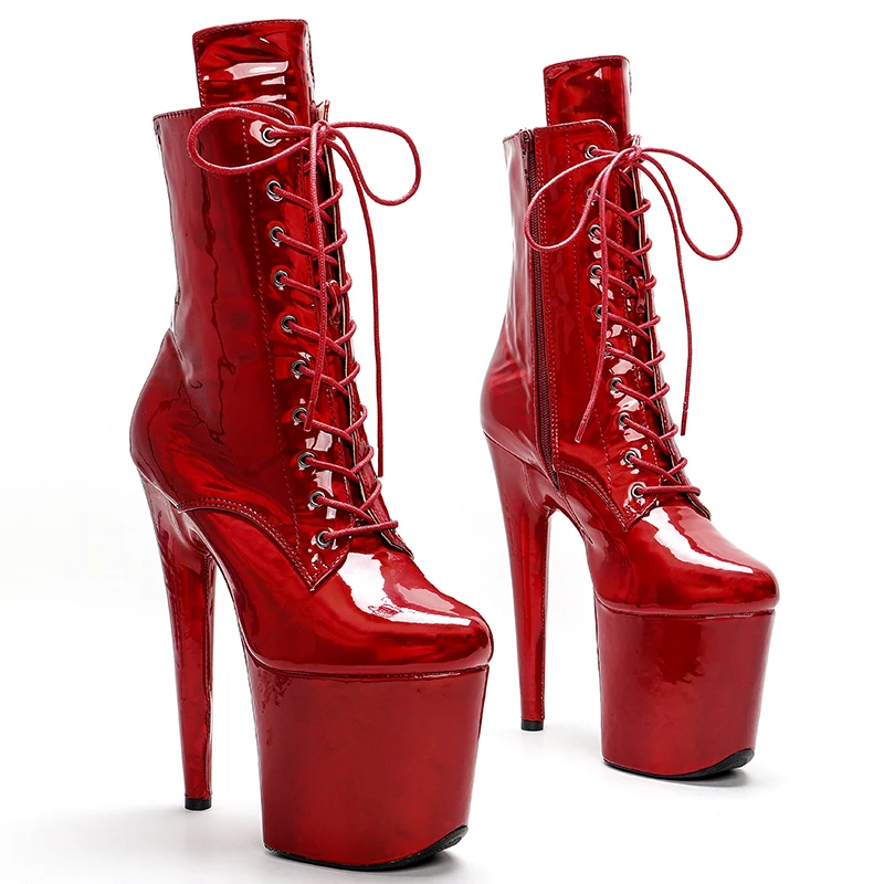 Leecabe  Shinny RED PU 20CM/8inches Pole dancing shoes High Heel platform Boots closed toe Pole Dance boots