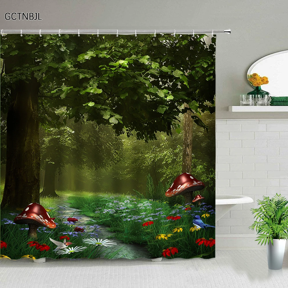 fantasy enchanted forest shower curtain set mystery fairy forest home bathroom decor mushroom flower plant hanging curtains hook free global shipping