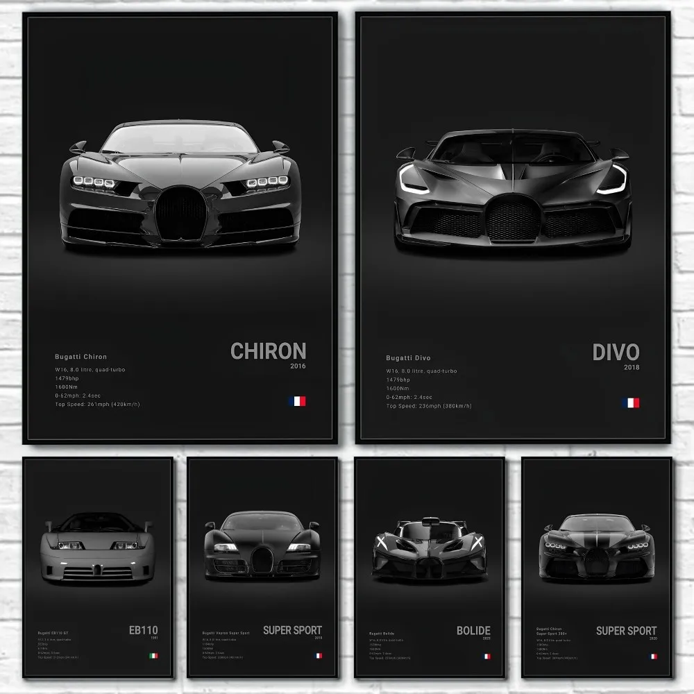 Poster Black Supercar Cool B-BugattiS V-Veyron CHIRON DIVO BOLIDE MINISO