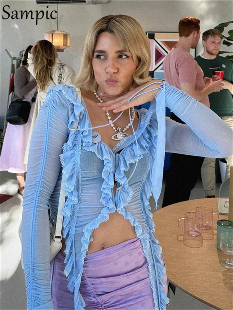 

Женская прозрачная рубашка с длинным рукавом, оборками и рюшами