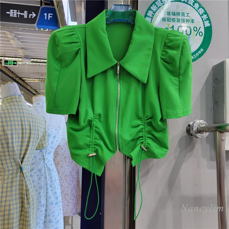 

2022 Summer Zipper T-Shirt for Women New Korean Style Elegant Drawstring Lapel Short Sleeve Top Ladies Street Tees Green White