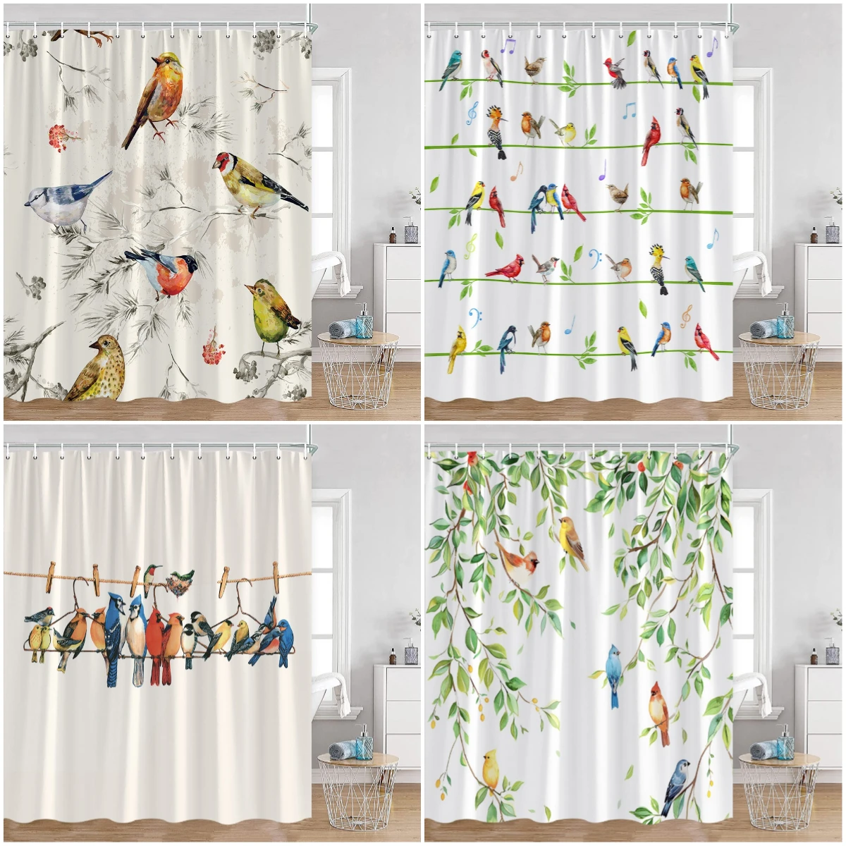 Birds Spring Shower Curtain Green Plants Trees Leaves Flowers Floral Bathroom Decorations Modern Minimalist Bath Curtains with H