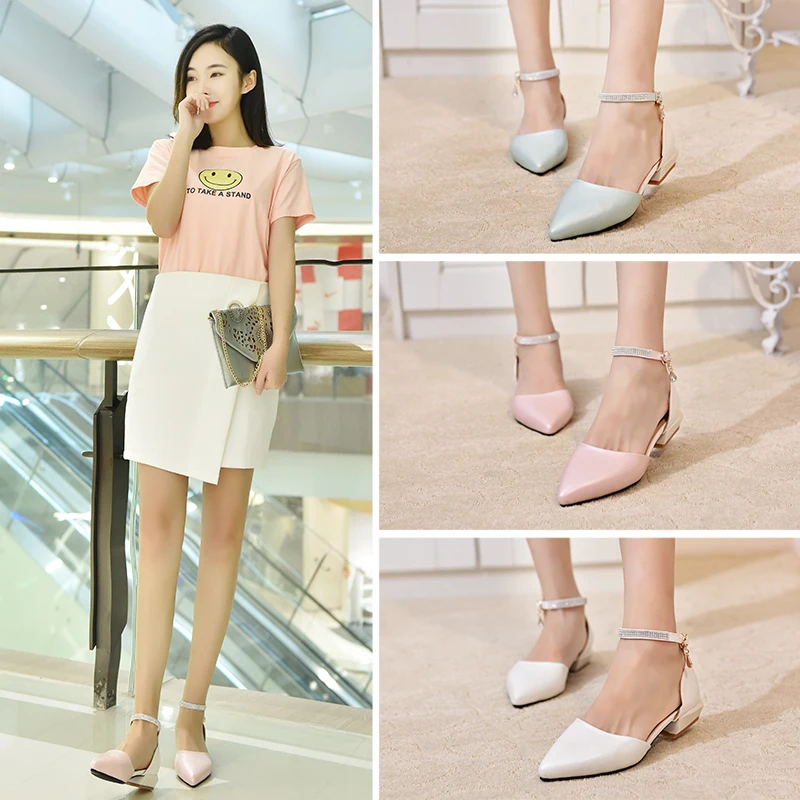 White Summer Women Pumps Low Square Block Heel PU Leather Pointed Toe D'Orsay Pink Wedding Office Crystal Ankle Strap Lady Shoes