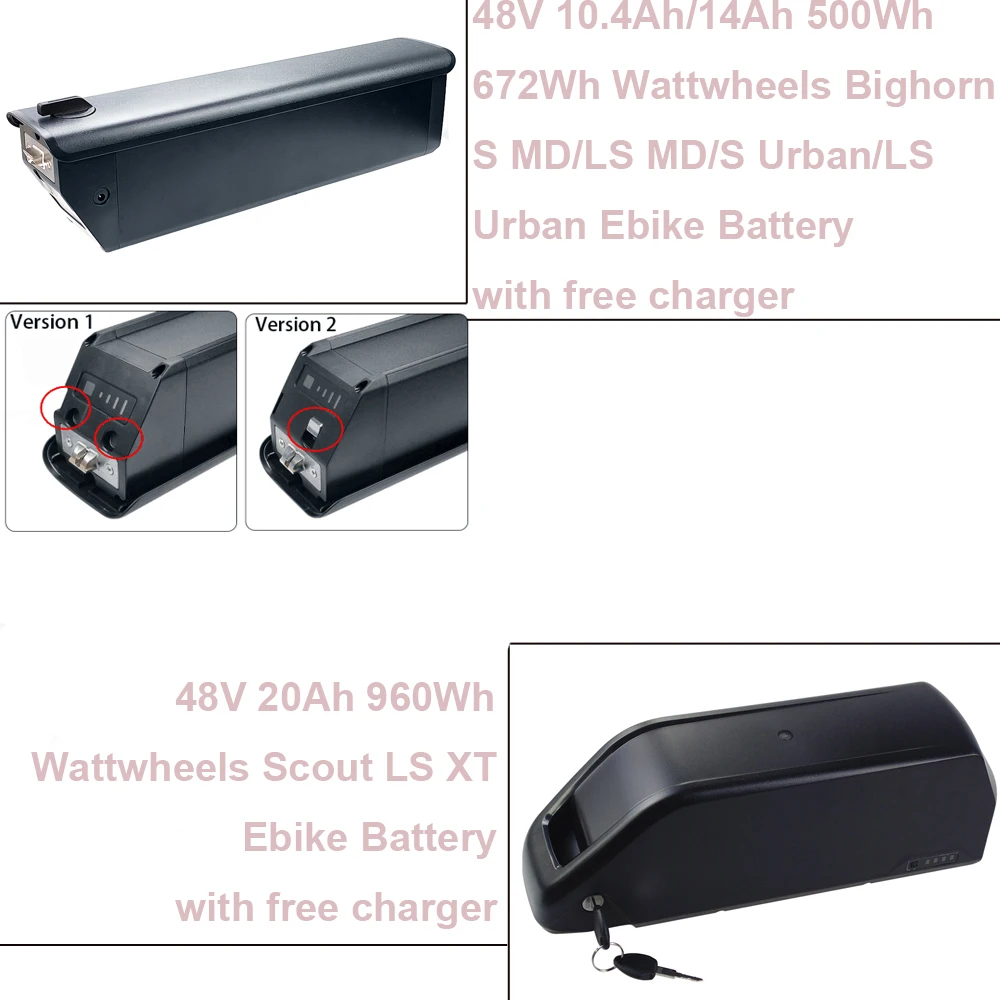

Electric Bike Battery 48V 10.4Ah 14Ah 20Ah 672Wh 920Wh Ebike Li-ion Battery fit Wattwheels Bighorn S LS MD Urban Scout LS XT