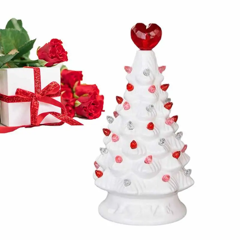 

White Ceramic Tree Lighted Vintage Valentine Ceramic Tree Indoor Decoration With Heart Treetop For Valentine Christmas