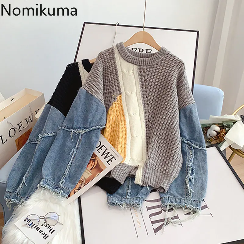 

Nomikuma Pull Femme Hiver 2022 Denim Patchwork Contrast Color Knitted Loose Sweater Women Vintage Elegant Sueters De Mujer
