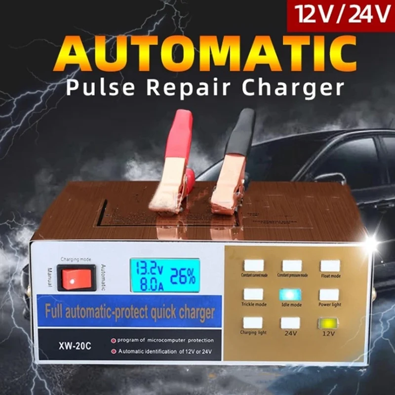 

Full Automatic Car Battery Charger Intelligent Pulse Repair Battery Charger 12V/24V Truck Motorcycle Charger EU Plug