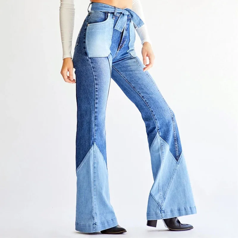 

Bell Bottom Jeans Women Vintage Clothes Patchwork High Waist Jeans Mom 70s Streetwear Fashion Cargo Pants Belt Flare Trousers