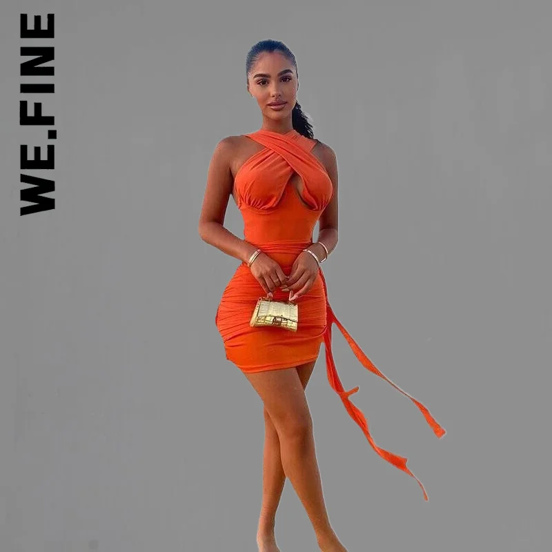 

We.Fine New Dress Women Sleeveless Bodycon Halter Party Dresses Bandage Ruched Dress Vintage Clothing Female Vestidos