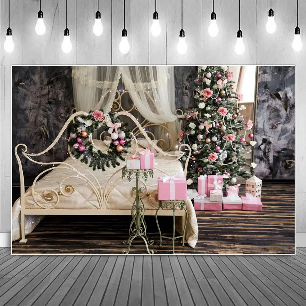 

Фон для фотосъемки с изображением рождественских венков деревьев подарков Украшение для спальни Розовая Занавеска цветочный колочик дере...