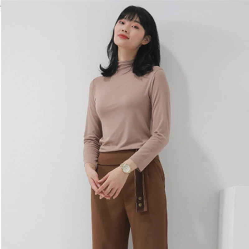 

Women Thermal Underwear Autumn/Winter Women's Underlay Shirt Wearing Half High Collar Solid Long Sleeved T-shirt with A Warm Top