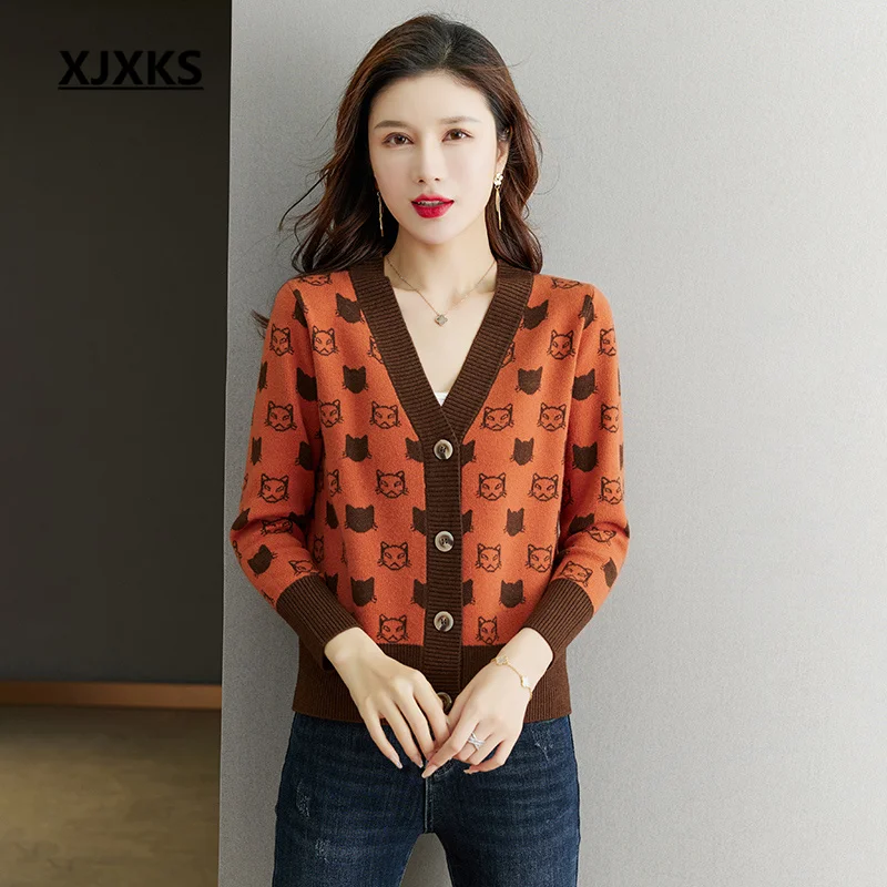 

Новинка весна-осень 2023 шерстяной вязаный кардиган XJXKS женский свитер пальто Модная с V-образным вырезом удобная мягкая куртка