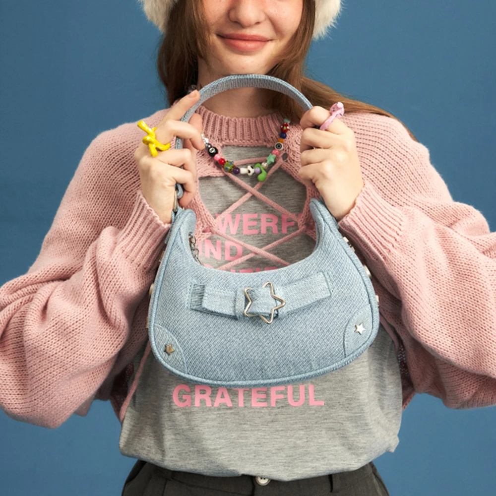 Star Rivet Armpit Bags for Women Denim Purses and Handbags Fashion Designer Shoulder Bag Half Moon Hobo Clutch Ladies Tote Chic