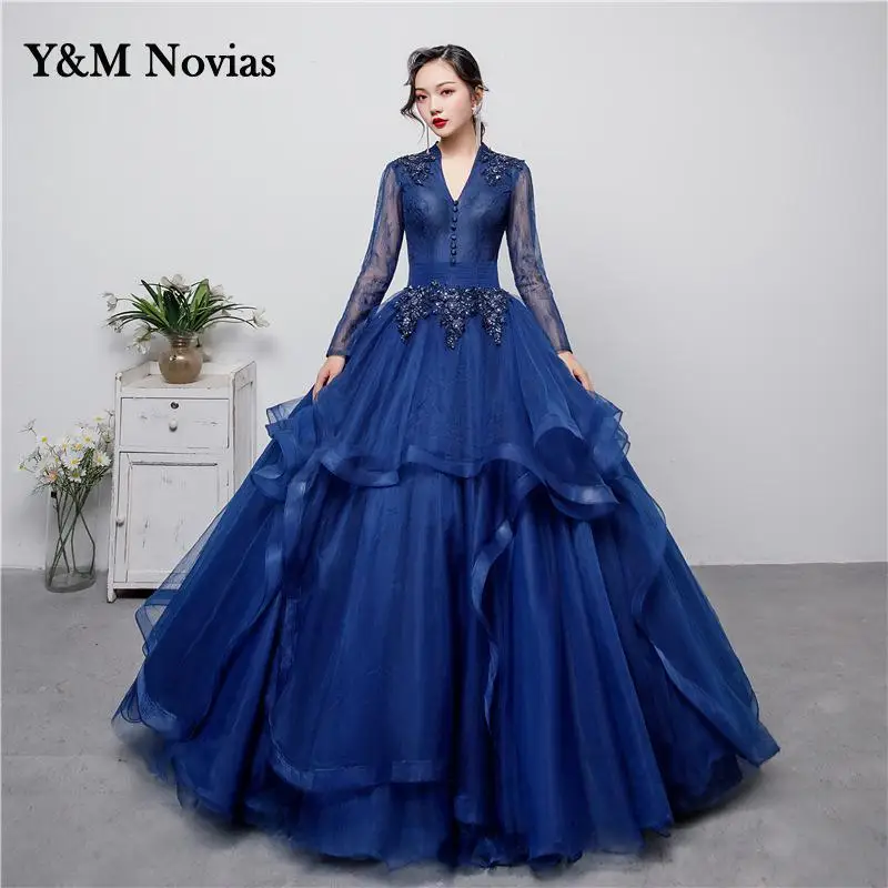 New Fashion Luxury High Neck Blue Quinceanera Dress Long Sleeve Ruched Organza Vestidos De 15 Debutante Gown Bohemia Princess