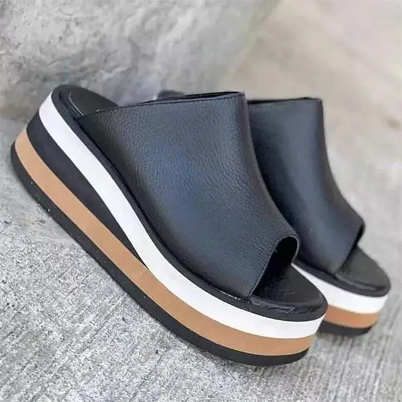 Platform Wedge Sandals Women's Slippers 2023 Summer Leather Slippers for Women Light Open Toe Plus Size Shoes Pantuflas De Mujer