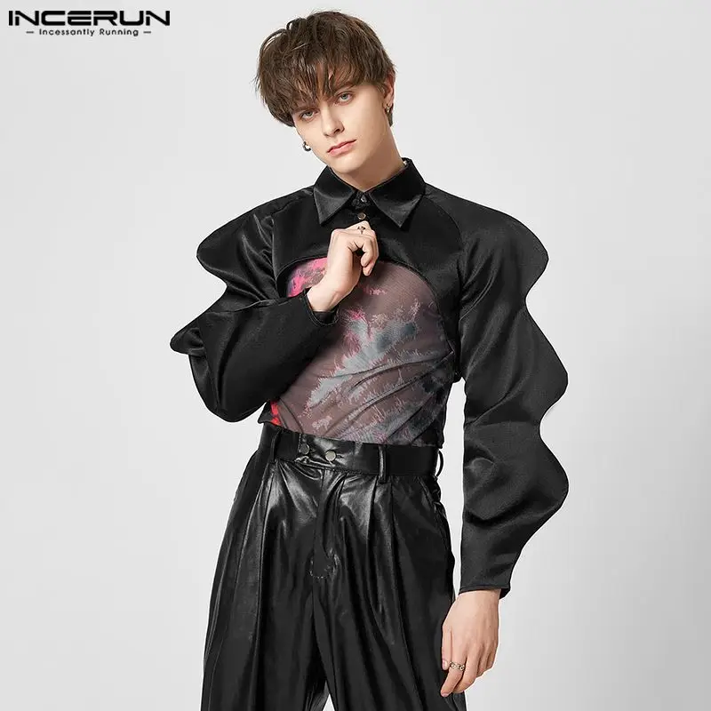 

Stylish Casual Style Tops INCERUN Men's Ripple Sleeve Truncated Shirts Fashion Party Solid Color Long Sleeve Blouse S-5XL 2023