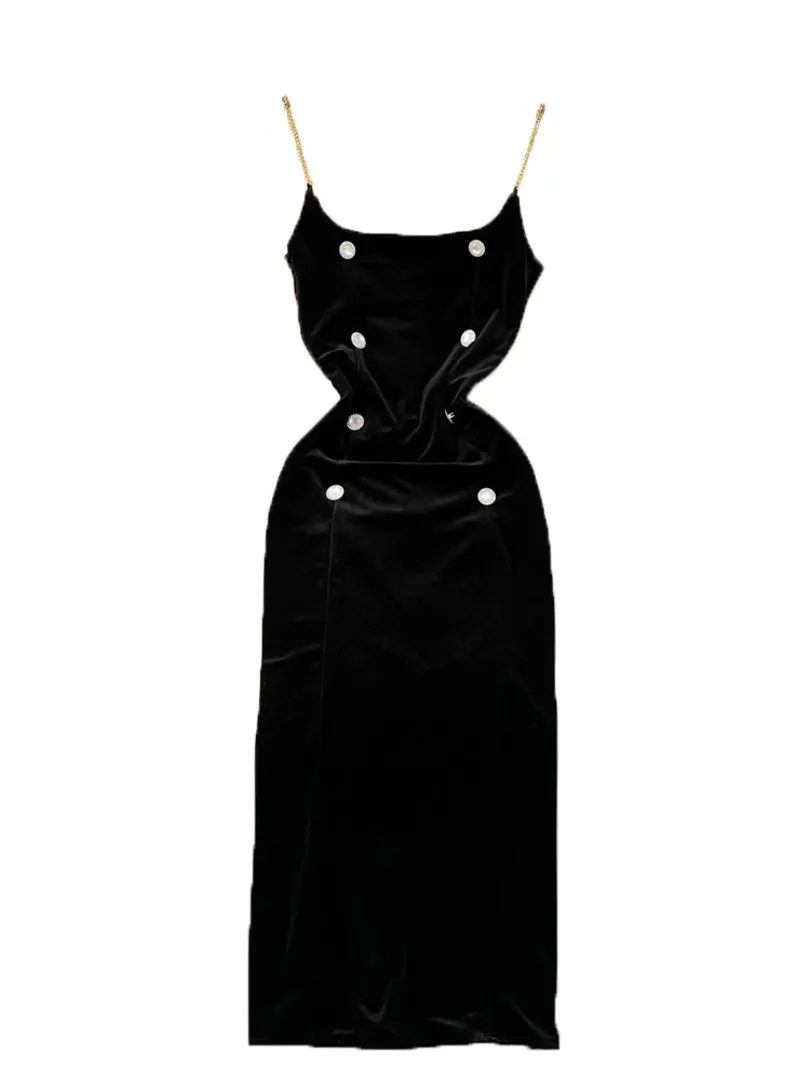 

Foamlina Sexy Chain Spaghetti Strap Velvet Dress for Women Fashion Autumn Winter Sleeveless Backless Split Evening Party Dress