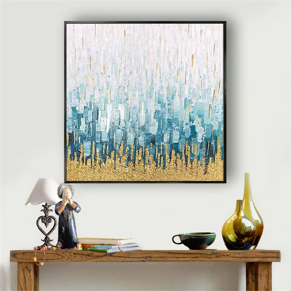

Handmade Oil Painting On Canvas Gray Golden Blue Abstract Wall Art Paintings Decor No Frame Living Room Home Indoor Trim