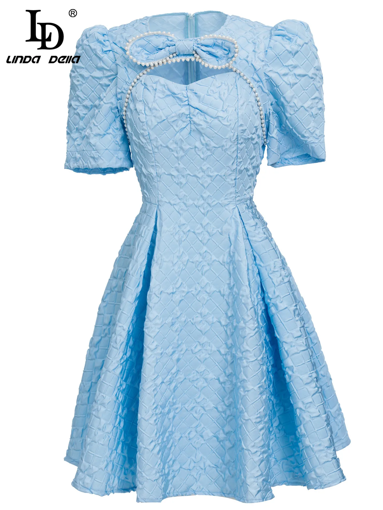 

LD LINDA DELLA Fashion Runway Summer Blue Dress Women's Luxury Bow Beads Short sleeve Holiday Party Elegant Mini Dresses