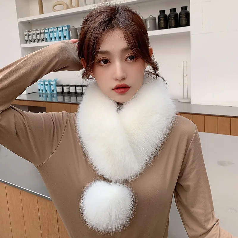 

Ladies Fakx Fox Fur Scarf Winter Thicken Warm Soft Artificial Wool Bib Imitation Fur Scarf with Pompom Women Scarf Fur Collar