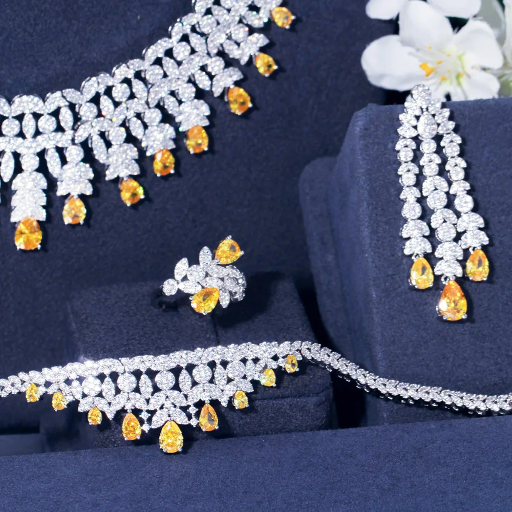 Дорогие свадебные ювелирные изделия Pera 4 шт. набор ювелирных изделий с желтым и