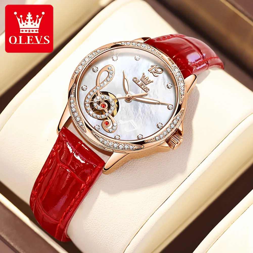 OLEVS Women Mechanical Watches Comfortable Leather Strap Ladies Wrist Watch Unique Design Waterproof Luminous Watch for Women