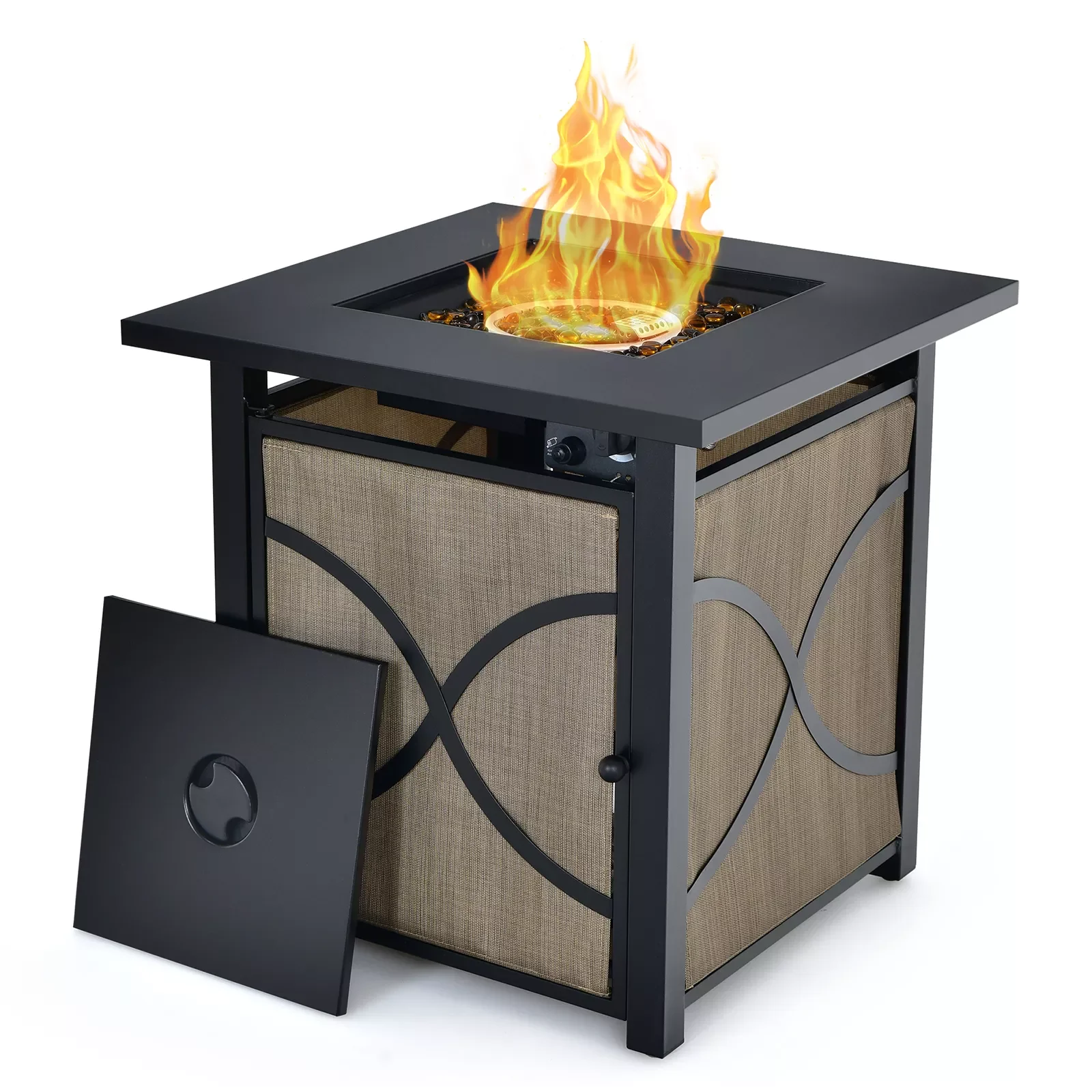 

25" Square Propane Fire Pit Table 40000 BTU W/ Lid, Fire Glass