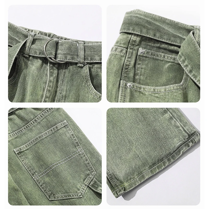 Four Seasons European and American Retro Jeans Men's Street Green Washed Distressed Loose Design Straight Leg Pants Ins Hot Sale