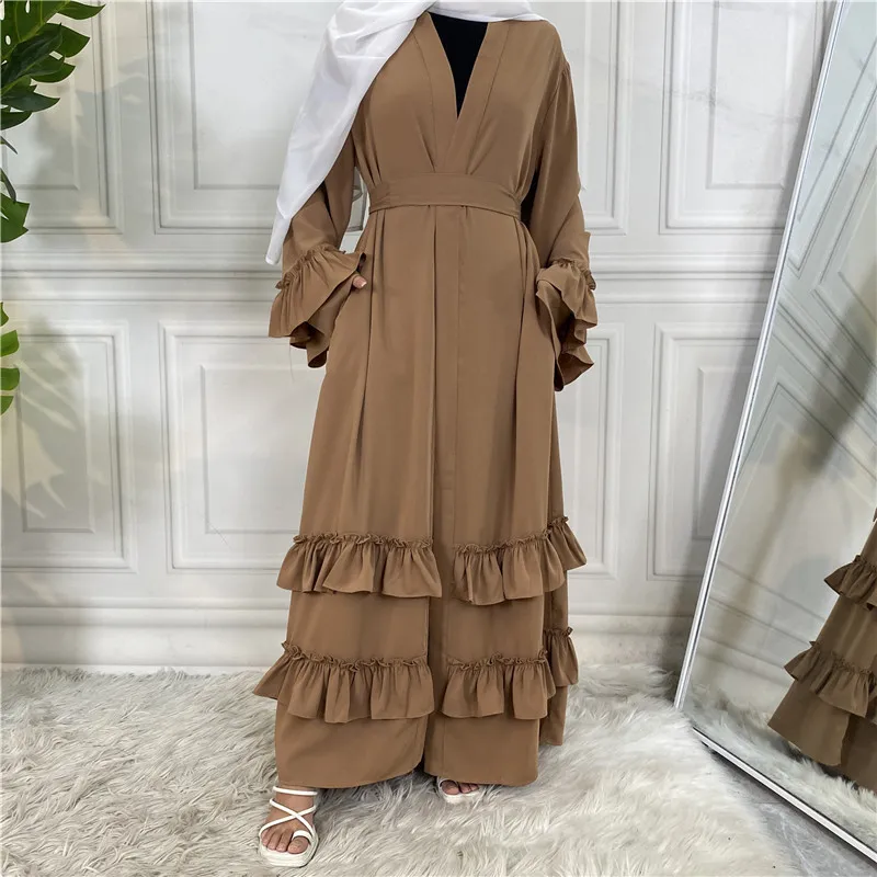 Платье-кимоно женское с оборками и карманами, мусульманская молитвенная абайя, Исламская одежда с рукавами, открытая абайя, марокканский ка...