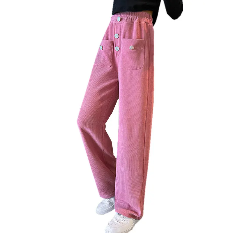 Купи Spring Autumn New Pants for Girls Casual Wide Leg Pants Elastic Waist Button Design White Pink Black 3 Color Kids Long Trousers за 808 рублей в магазине AliExpress