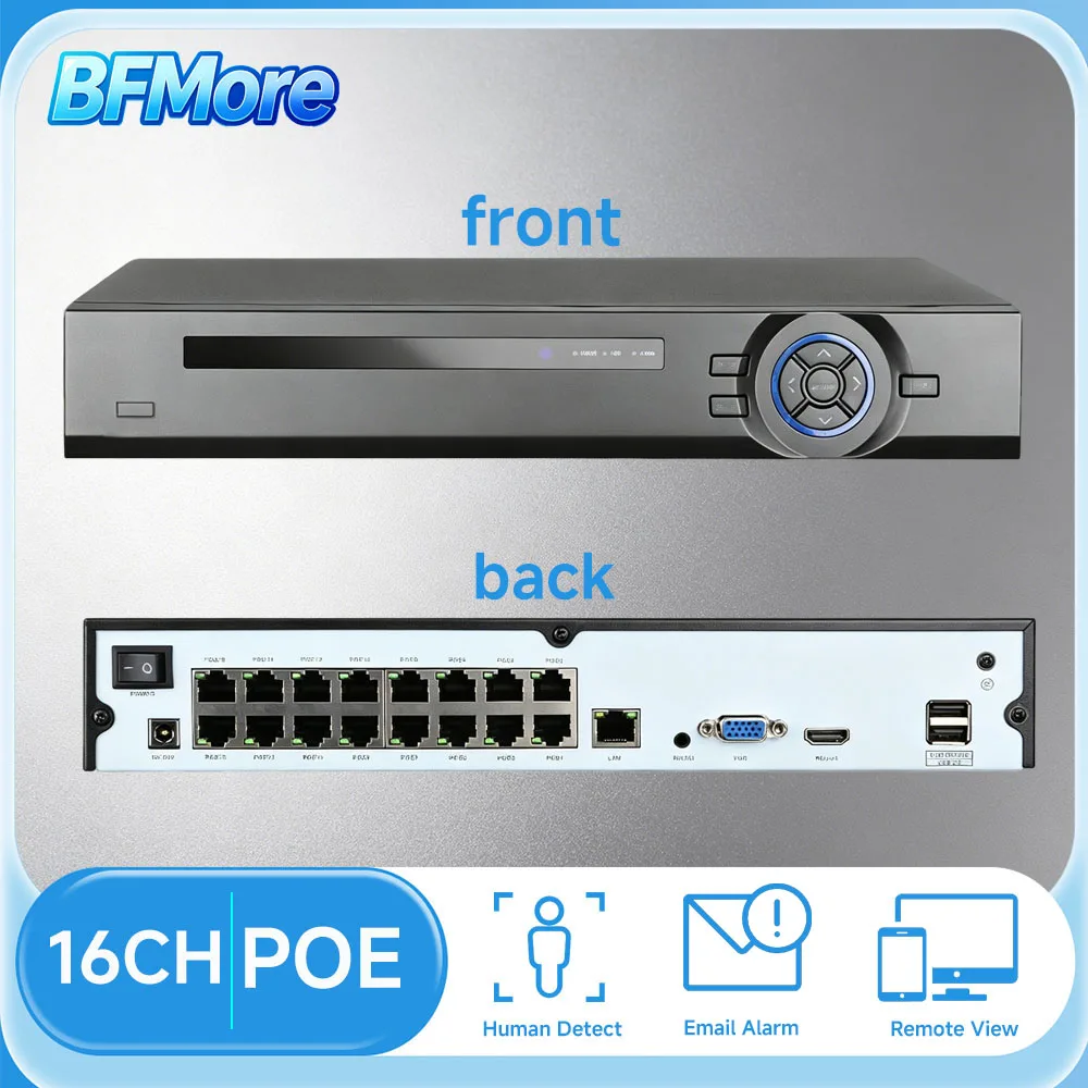Фото Видеорегистратор BFMore 4K 8MP 16-канальный POE NVR с интеллектуальной записью и ИИ, до 8 ТБ HDD, для POE-камер №1