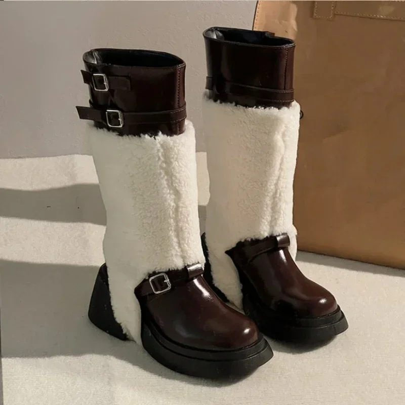 Меховые высокие сапоги на платформе женские дизайнерские новые среднем каблуке