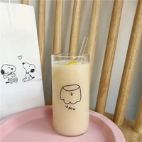 ins korean style cartoon glass cup with straw transparent coffee milk tea mug kawaii water cups children drink bottle