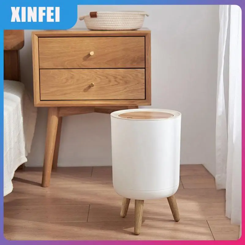 

Garbage Container Desktop Cover Dustbin Round Trash Bin Large Capacity Kitchen Cabinet Storage Bucket With Wood Grain Cover