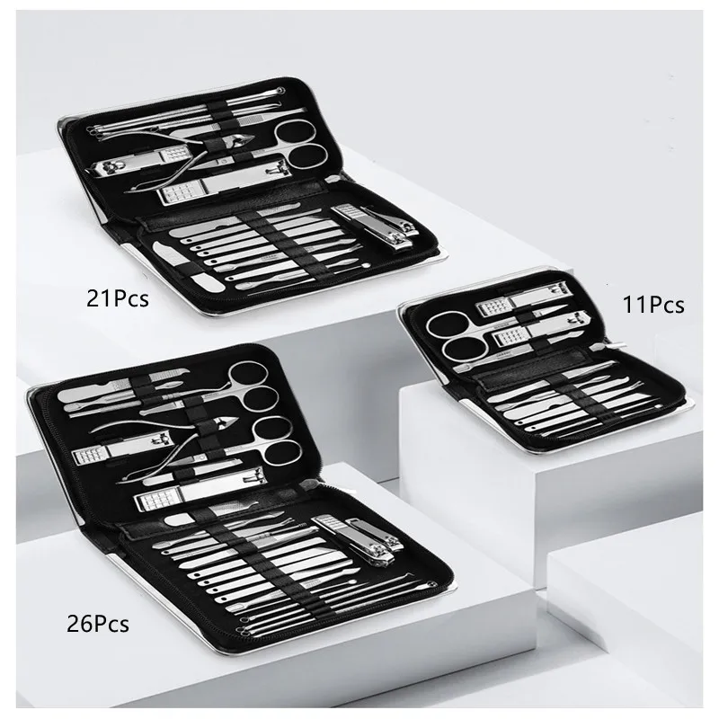 11-26 Pcs Professional Stainless Steel Nail Clippers Manicure Set Cutter Scissor Cuticle Nipper Nail Tools Set Travel Case Kit