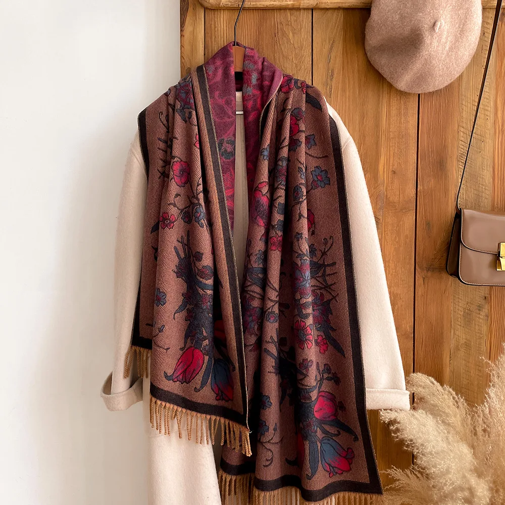 

Женский теплый шарф с бахромой, винтажный шарф с цветочным принтом в этническом стиле, Осень-зима 200x65 см 370 г