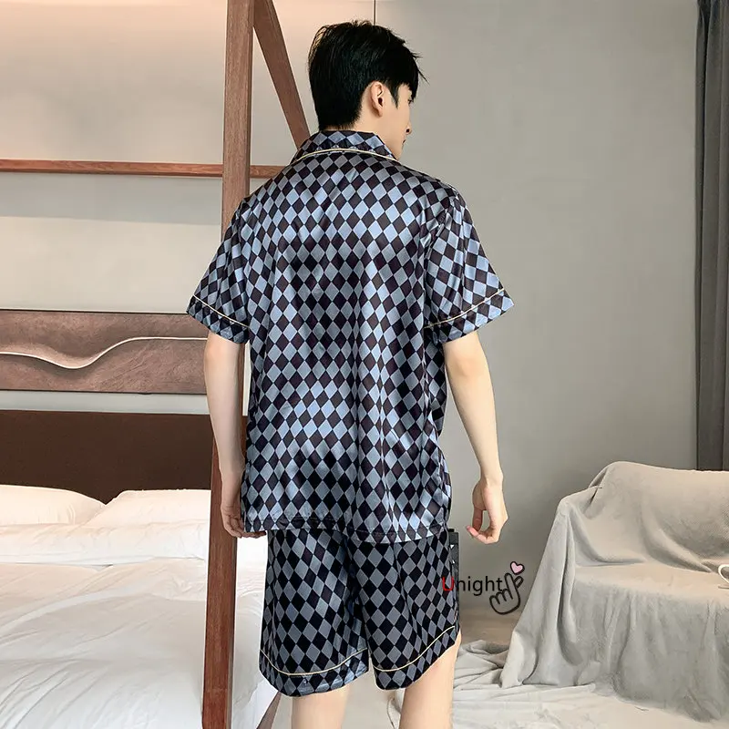 Men Pajama Sets Big Size Lounge Wear Fashion Silk Pajamas Summer Short Pj Set Homewear L-5XL Nightwear Homewear