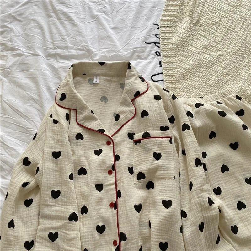 Хлопковая пижама QWEEK для женщин Корейская одежда сна с принтом сердечек Женский