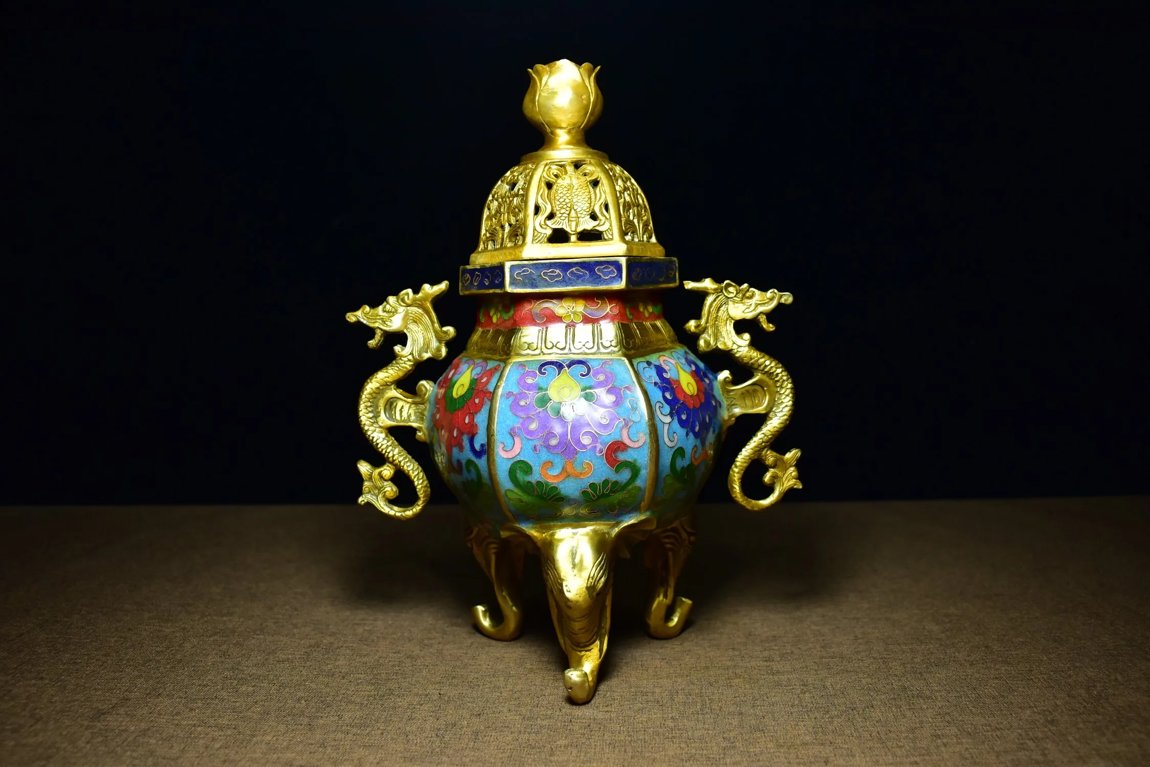 

10"Tibetan Temple Collection Old Bronze Cloisonne Enamel dragon statue binaural three-legged incense burner Gather fortune