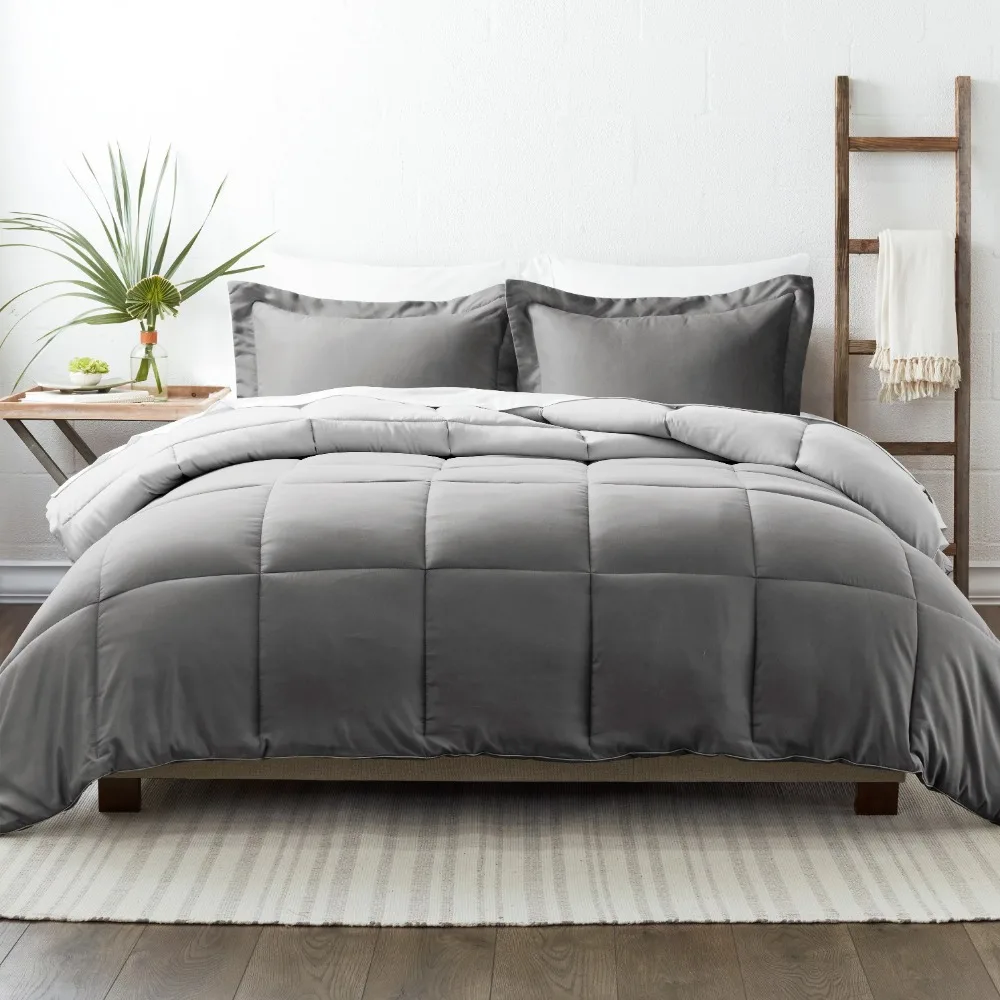 

Thick Winter Quilt Full/Queen Goose Down Duvet 3-Piece Gray & Silver Reversible Down Alternative Comforter Set Bed Duvets Double