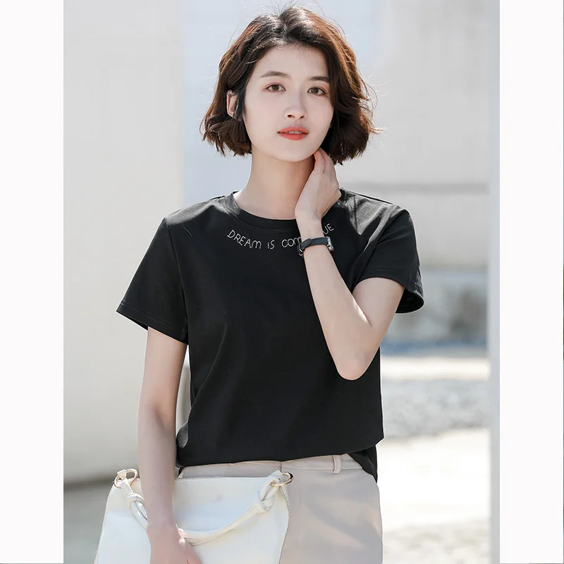 

Корейская футболка из мерсеризованного хлопка с 80 нитями, женская модная универсальная свободная длинная Штапельная футболка с круглым вы...