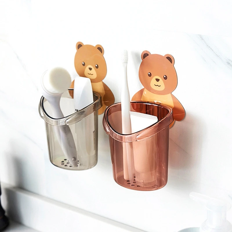 

Cute Bear Home Mounted Wall Box Toothbrush Rack Makeup Bathroom Remote Holder Control Hanger Organizer Storage Decor Adhesive
