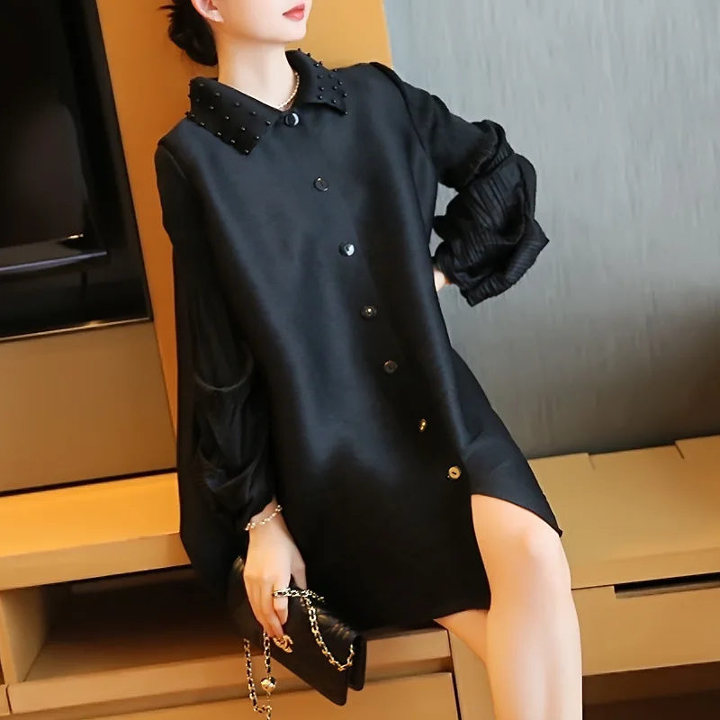 

SuperAen Fold High-end Ladies Dress Autumn Temperament New Loose Oversize Long Shirt Dress for Women
